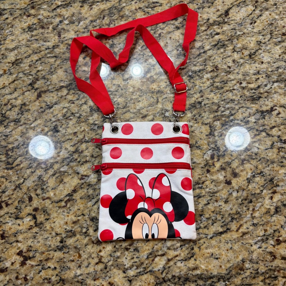 Disney Minnie Mouse Polka Dot Canvas Crossbody Travel Pouch Bag Red White